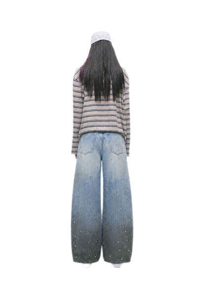 Washed Studded Wide-Leg Jeans