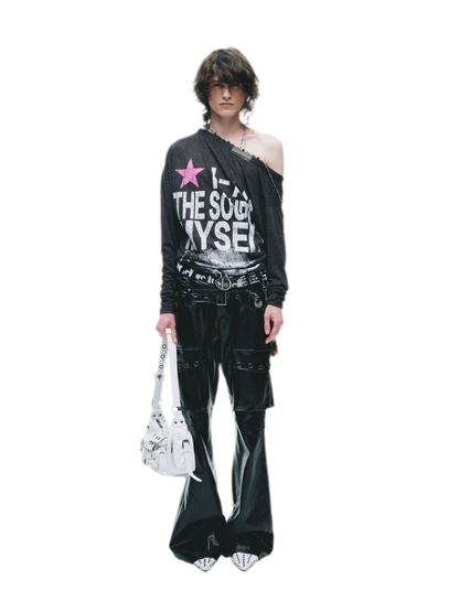 Distressed Graphic One-Shoulder T-Shirt