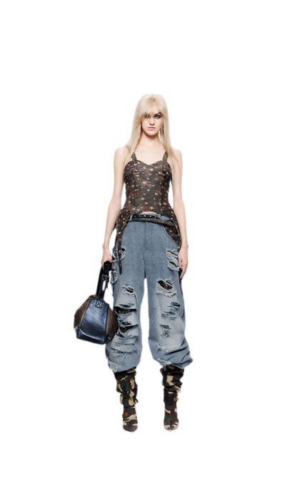 Patchwork Distressed Straight-Leg Jeans