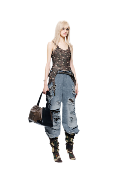 Patchwork Distressed Straight-Leg Jeans