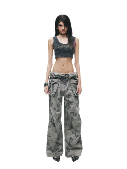 Washed Camouflage Wide-Leg Jeans