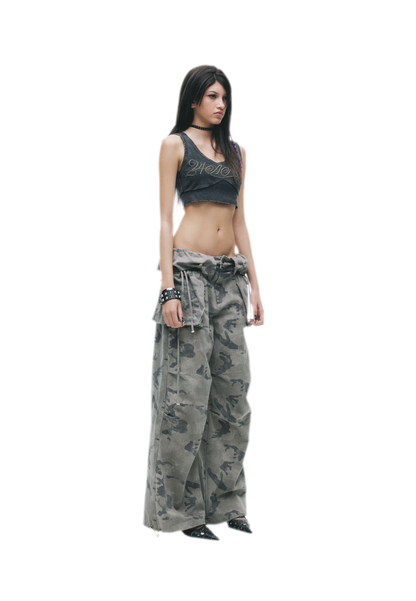 Washed Camouflage Wide-Leg Jeans