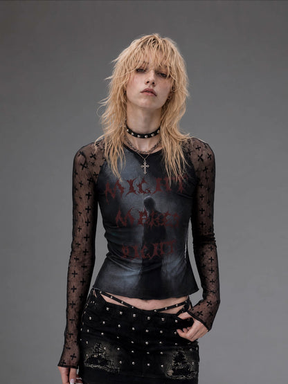 Sheer Graphic Cropped Long-Sleeve Tee