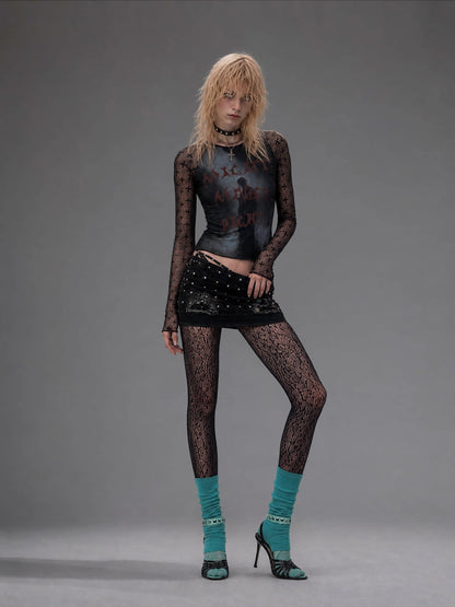 Sheer Graphic Cropped Long-Sleeve Tee
