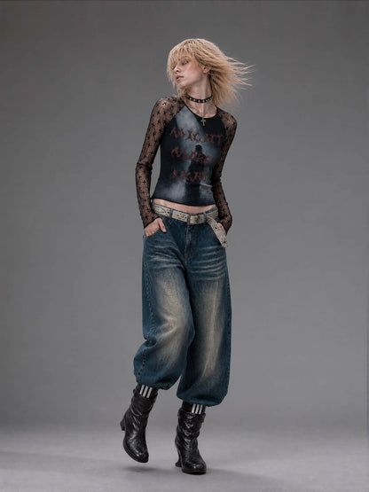 Sheer Graphic Cropped Long-Sleeve Tee