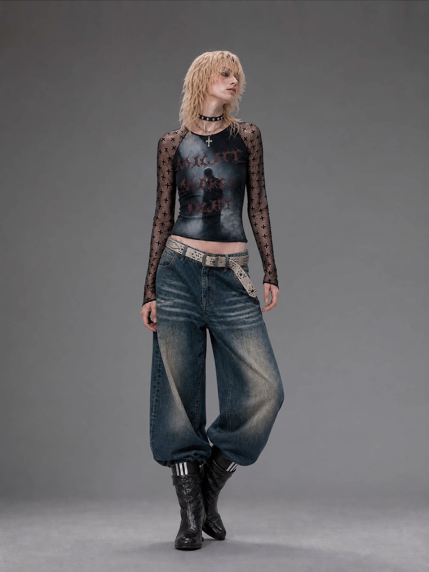 Sheer Graphic Cropped Long-Sleeve Tee