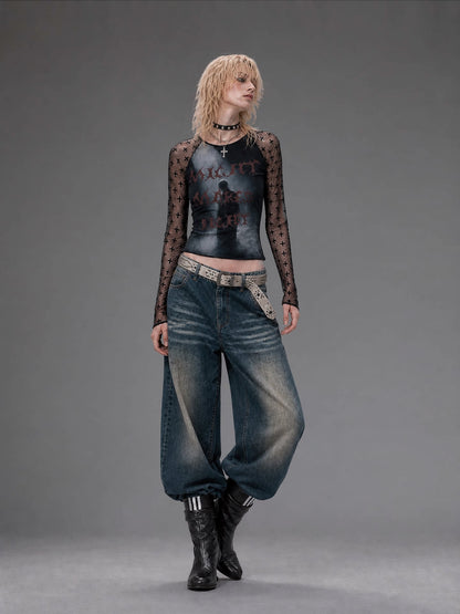 Sheer Graphic Cropped Long-Sleeve Tee