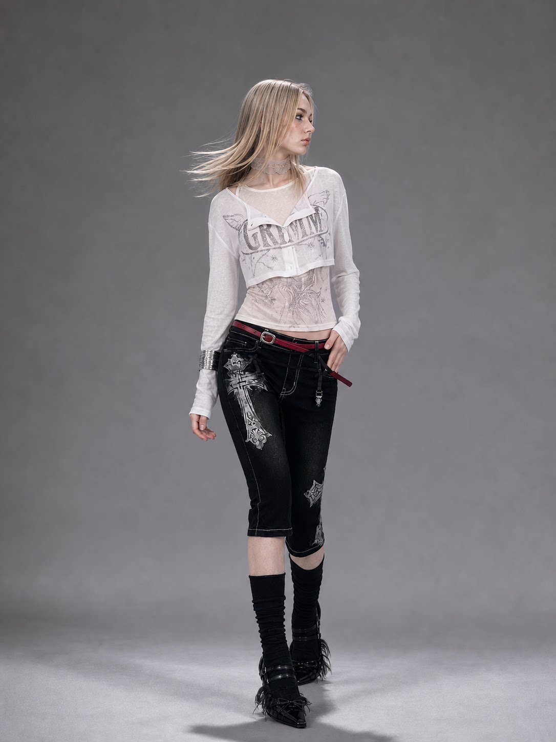 Silver Print Fitted Long-Sleeve Tee