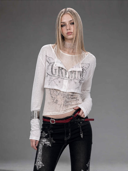 Silver Print Fitted Long-Sleeve Tee