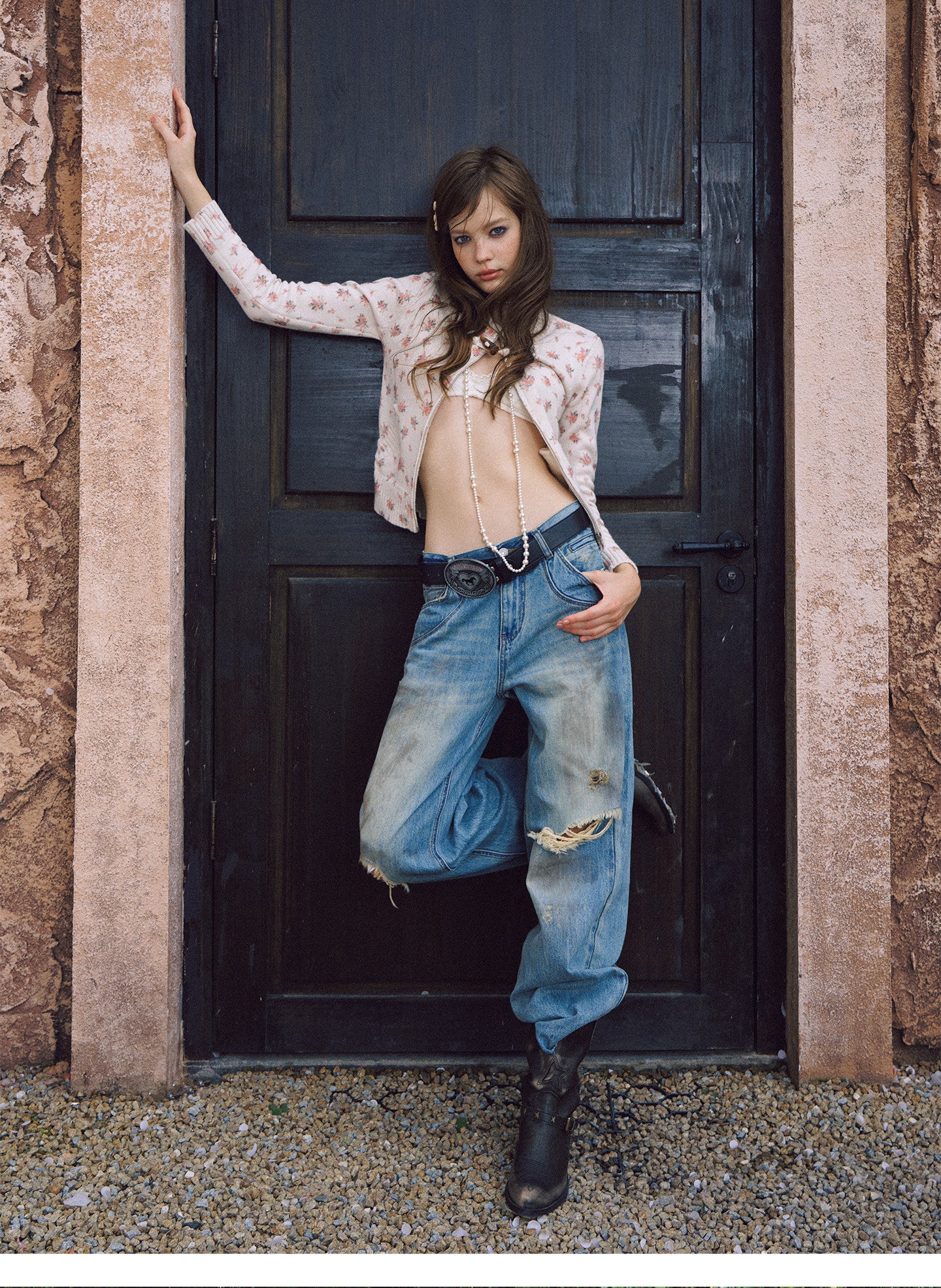 Washed Wide-Leg Ripped Jeans