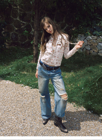 Washed Wide-Leg Ripped Jeans