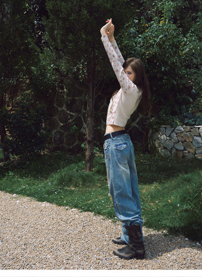 Washed Wide-Leg Ripped Jeans