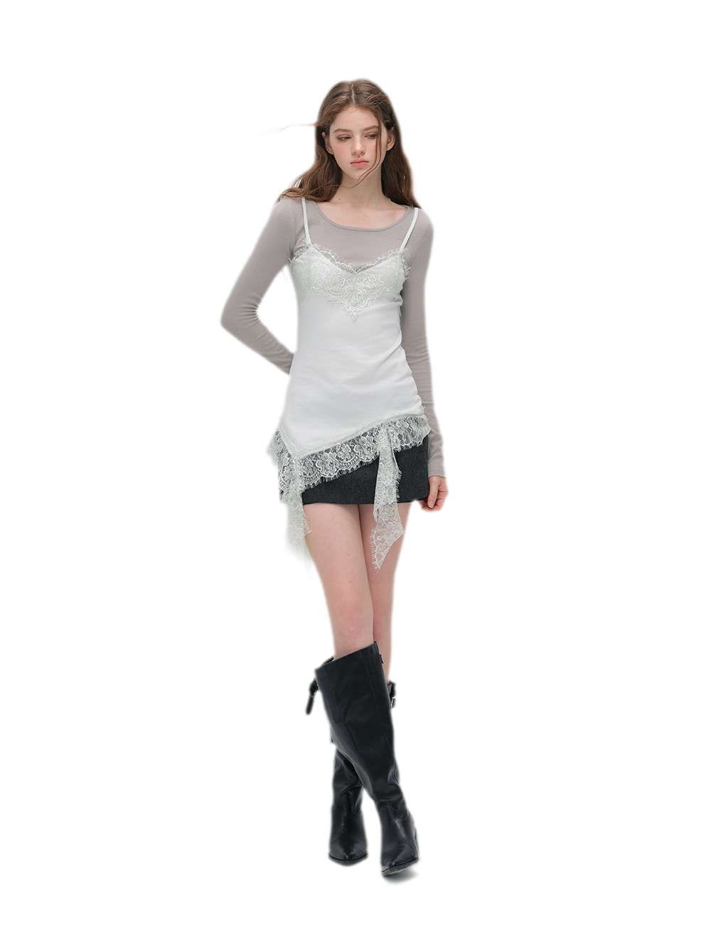 Lace Trim Layered Long-Sleeve Top