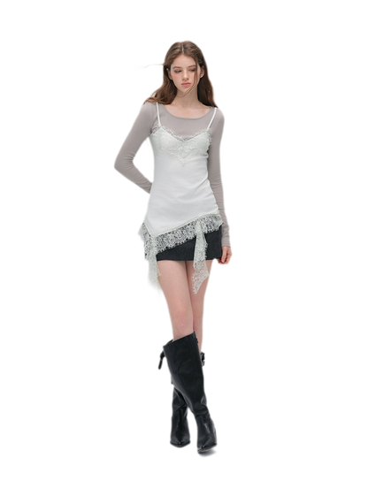 Lace Trim Layered Long-Sleeve Top