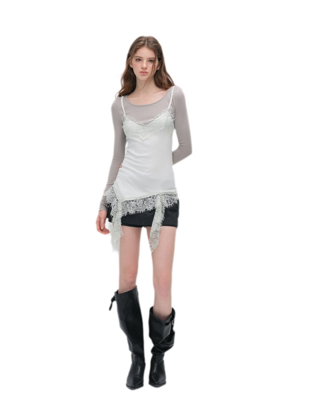 Lace Trim Layered Long-Sleeve Top