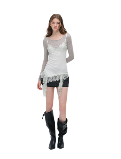 Lace Trim Layered Long-Sleeve Top