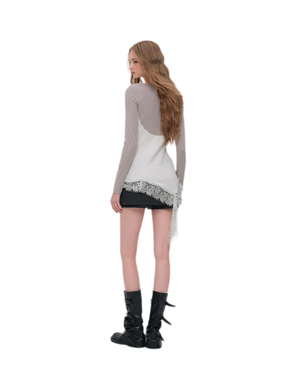 Lace Trim Layered Long-Sleeve Top