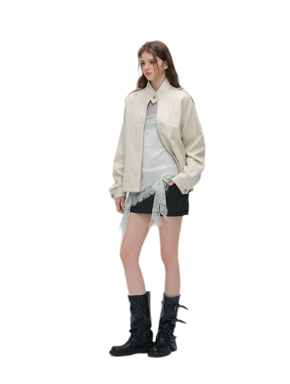 Faux-Leather Lychee-Texture Moto Jacket