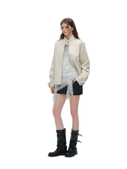 Faux-Leather Lychee-Texture Moto Jacket