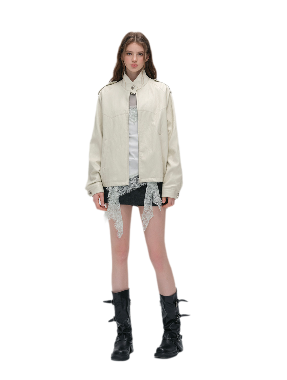 Faux-Leather Lychee-Texture Moto Jacket