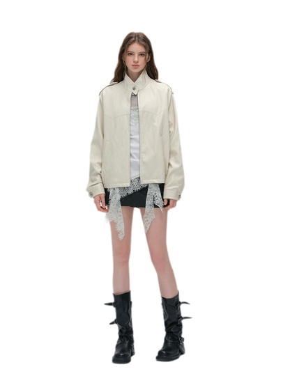Faux-Leather Lychee-Texture Moto Jacket