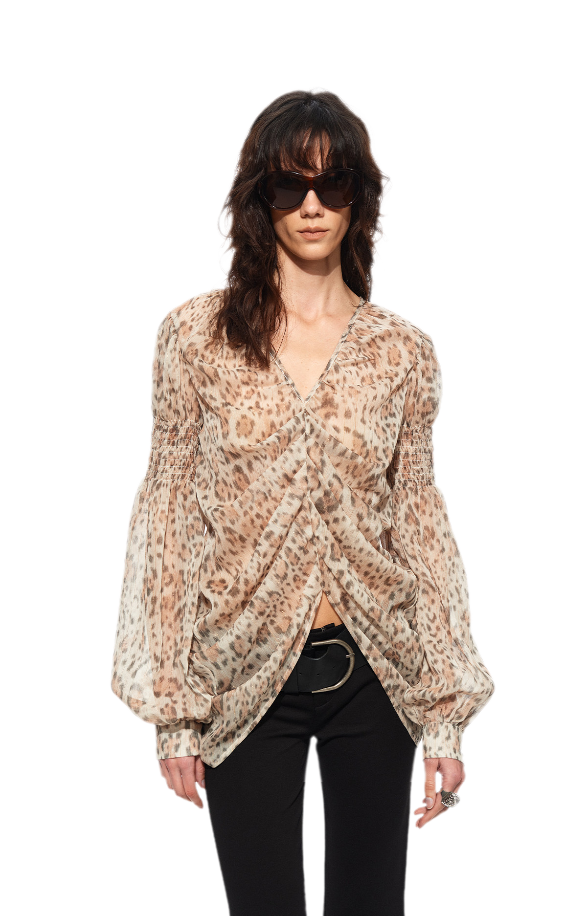 Pleated Bubble Sleeve Chiffon Blouse