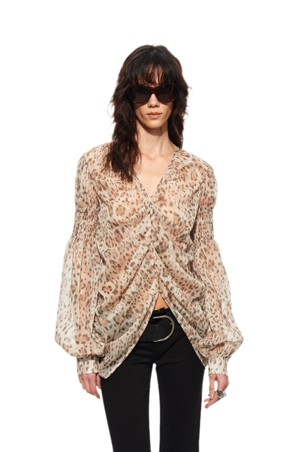 Pleated Bubble Sleeve Chiffon Blouse