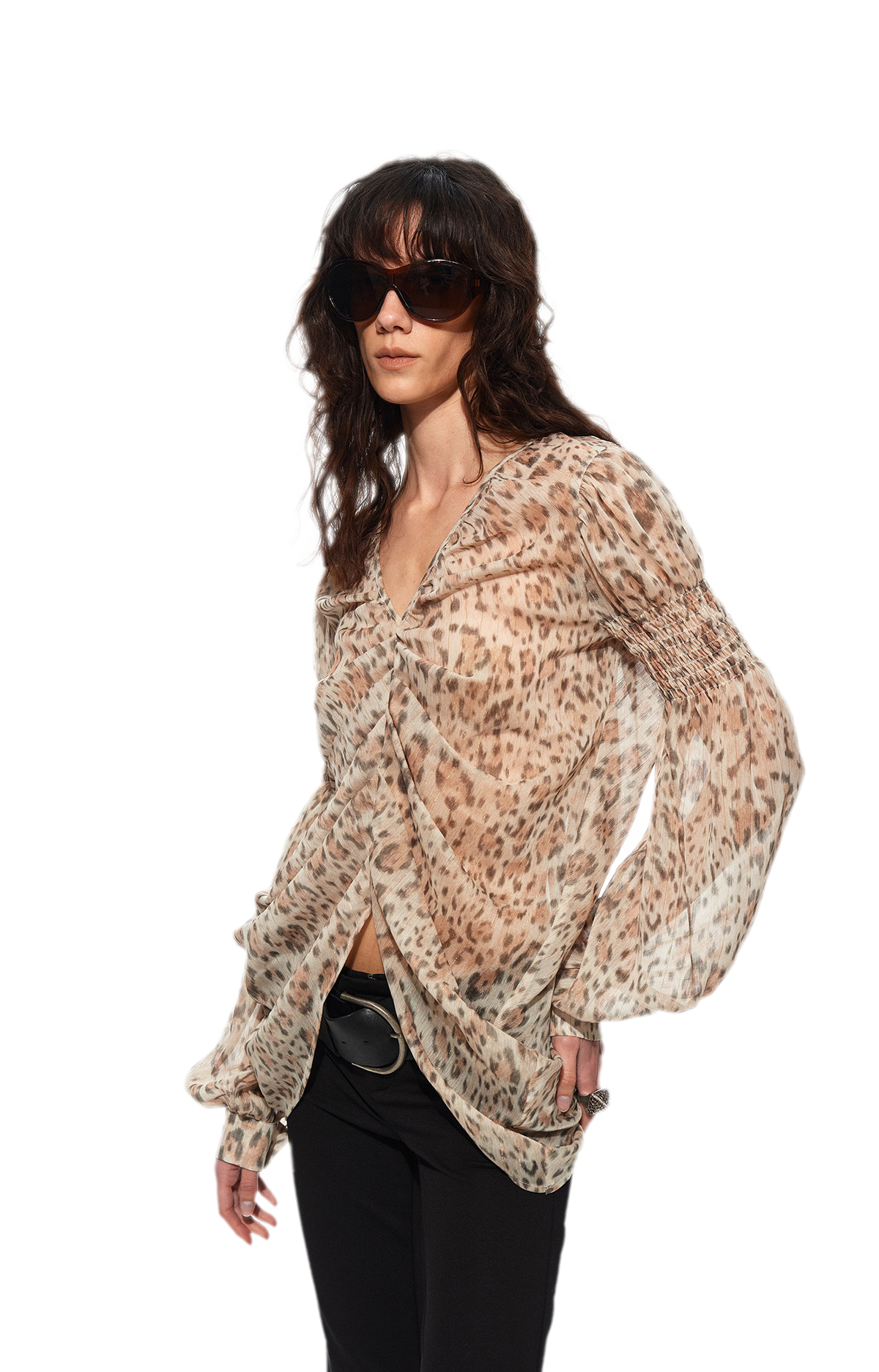 Pleated Bubble Sleeve Chiffon Blouse