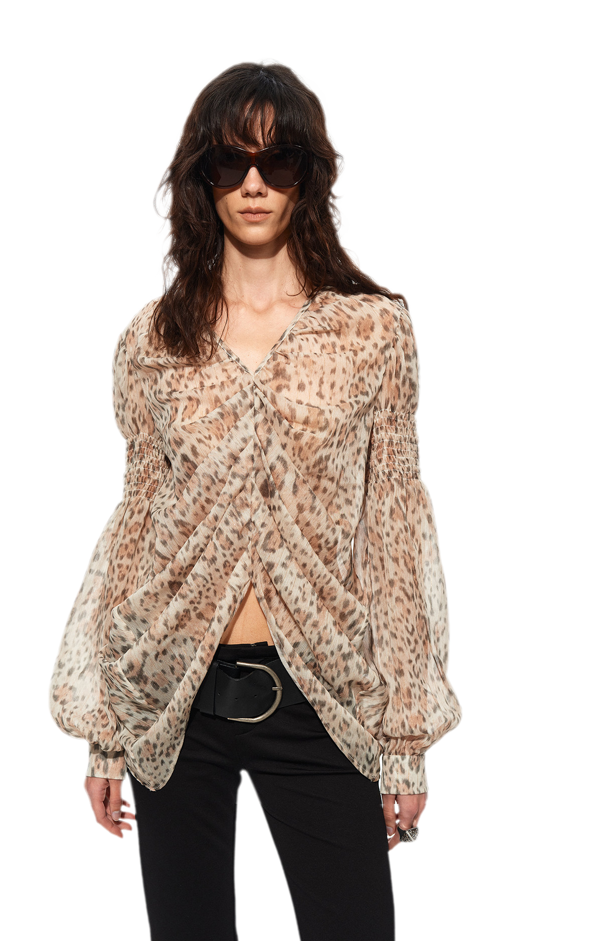 Pleated Bubble Sleeve Chiffon Blouse