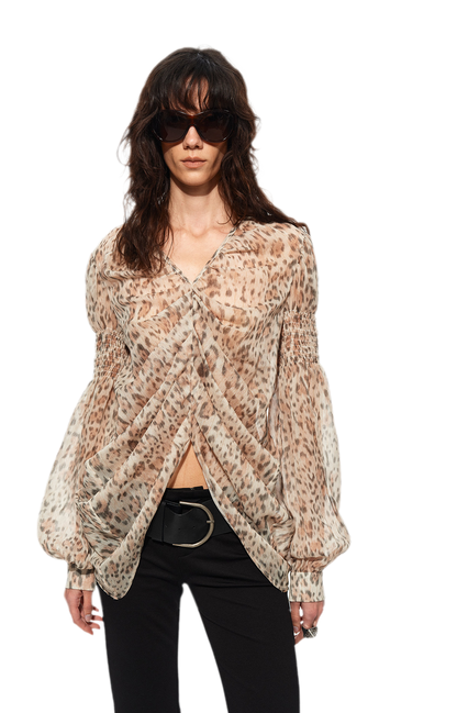 Pleated Bubble Sleeve Chiffon Blouse