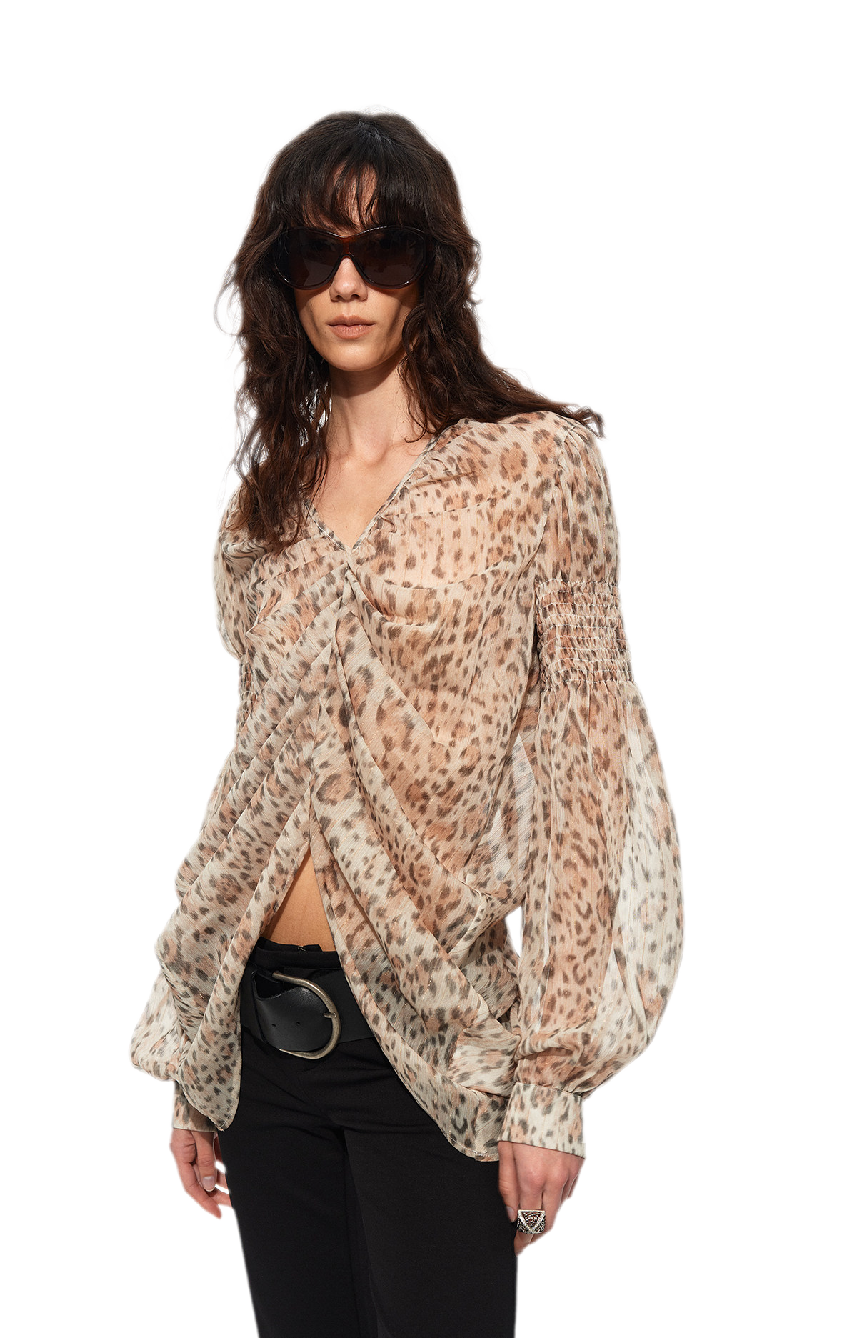 Pleated Bubble Sleeve Chiffon Blouse