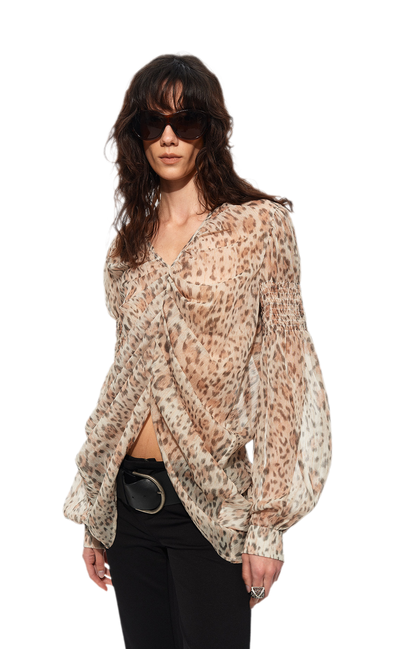 Pleated Bubble Sleeve Chiffon Blouse