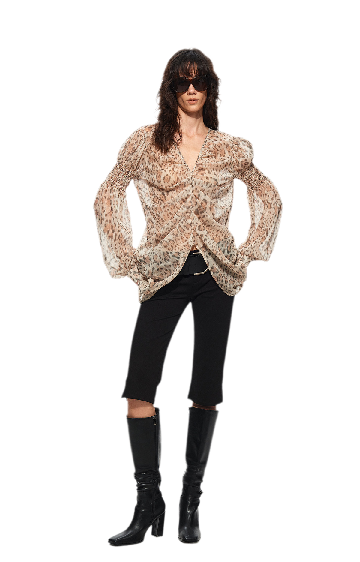 Pleated Bubble Sleeve Chiffon Blouse