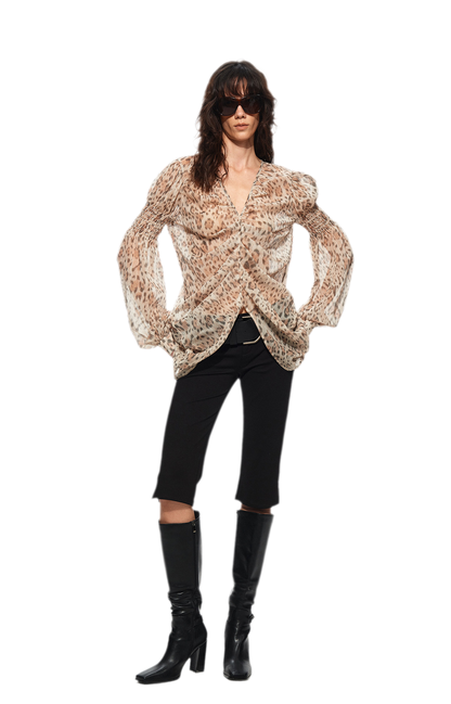 Pleated Bubble Sleeve Chiffon Blouse