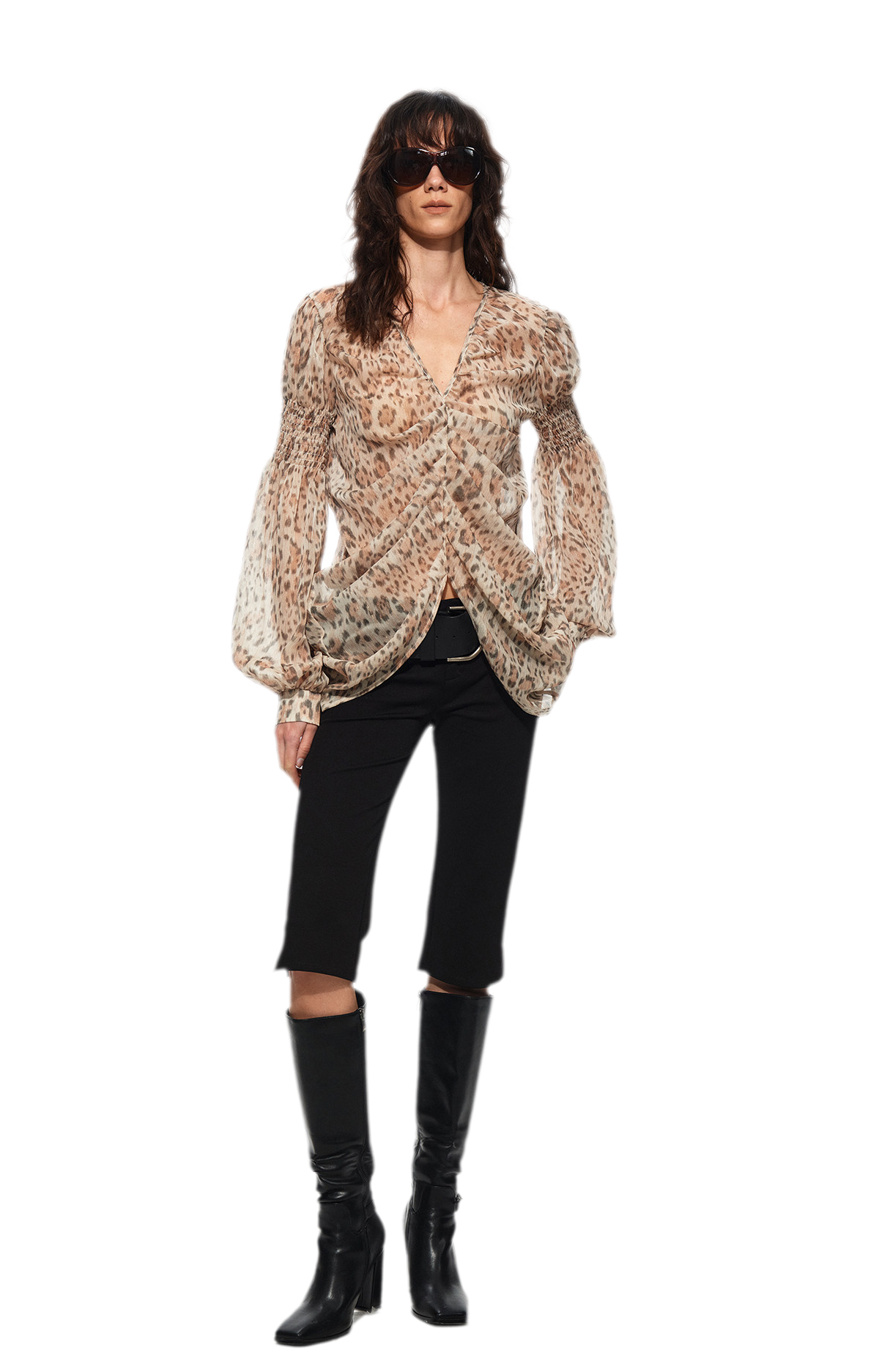Pleated Bubble Sleeve Chiffon Blouse