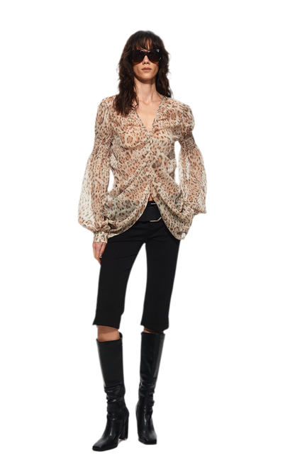 Pleated Bubble Sleeve Chiffon Blouse