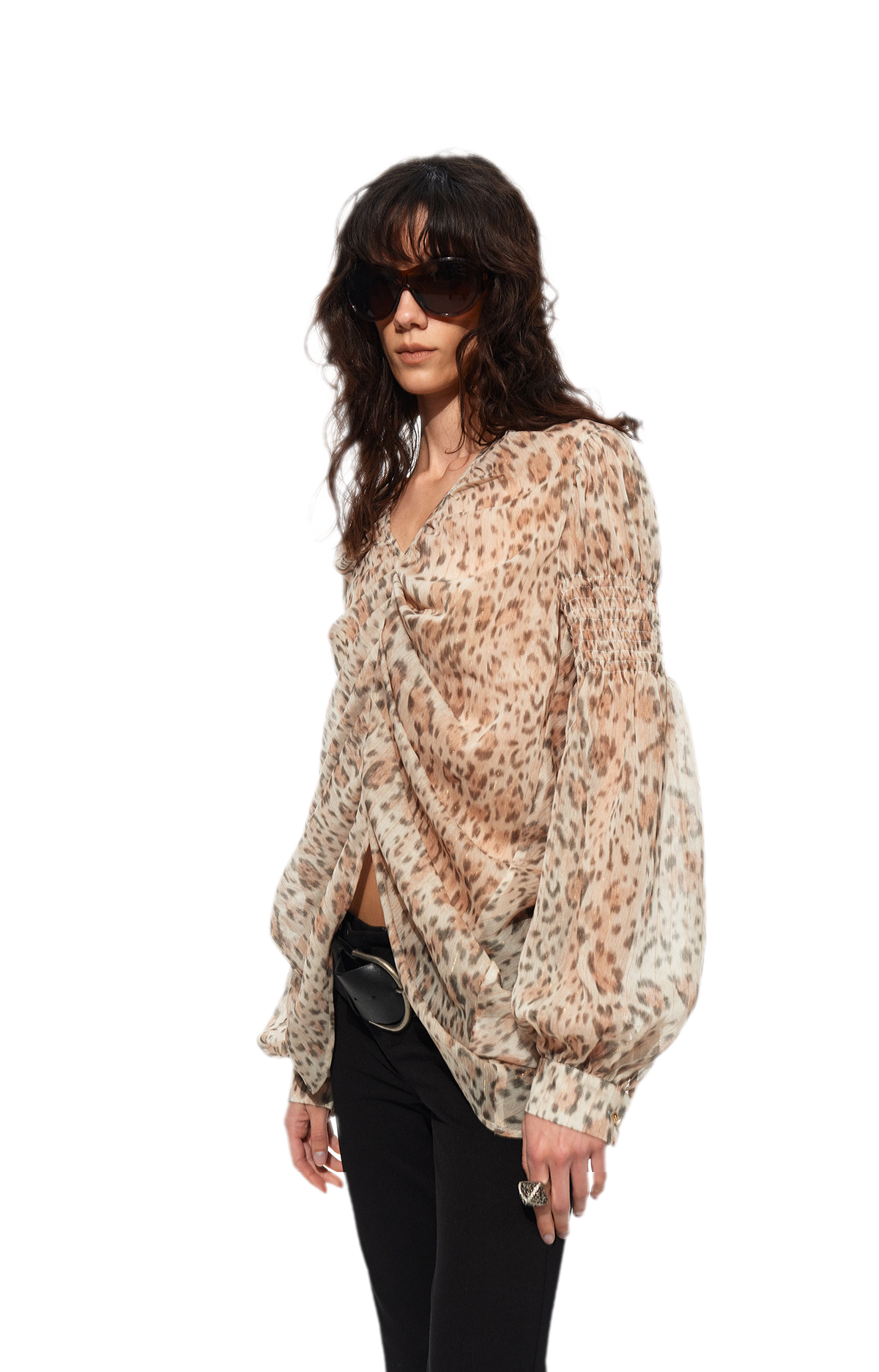 Pleated Bubble Sleeve Chiffon Blouse
