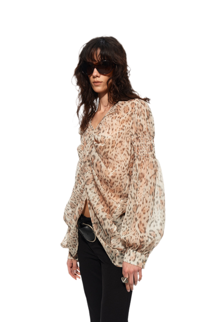 Pleated Bubble Sleeve Chiffon Blouse