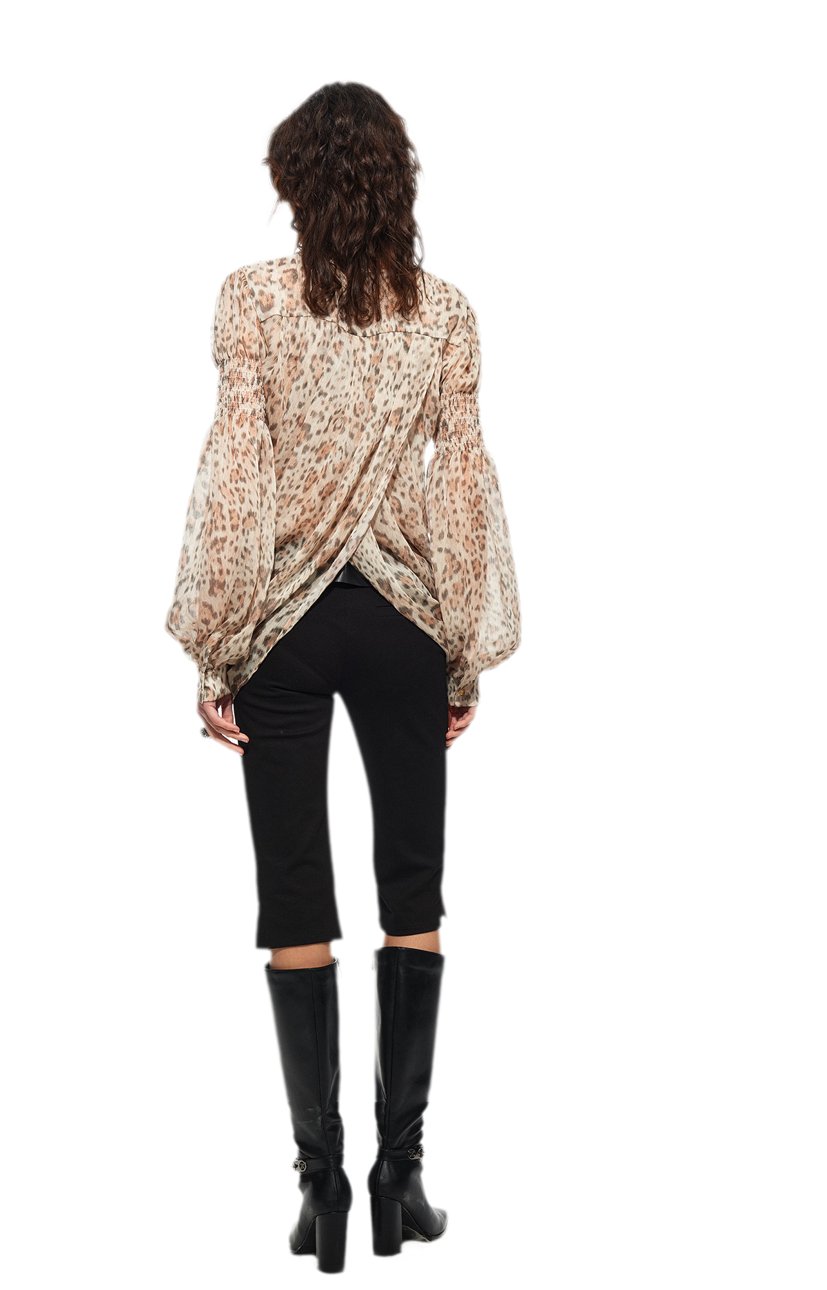 Pleated Bubble Sleeve Chiffon Blouse