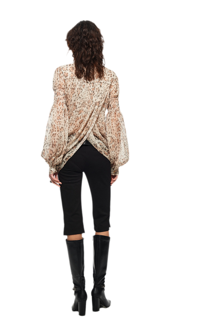 Pleated Bubble Sleeve Chiffon Blouse