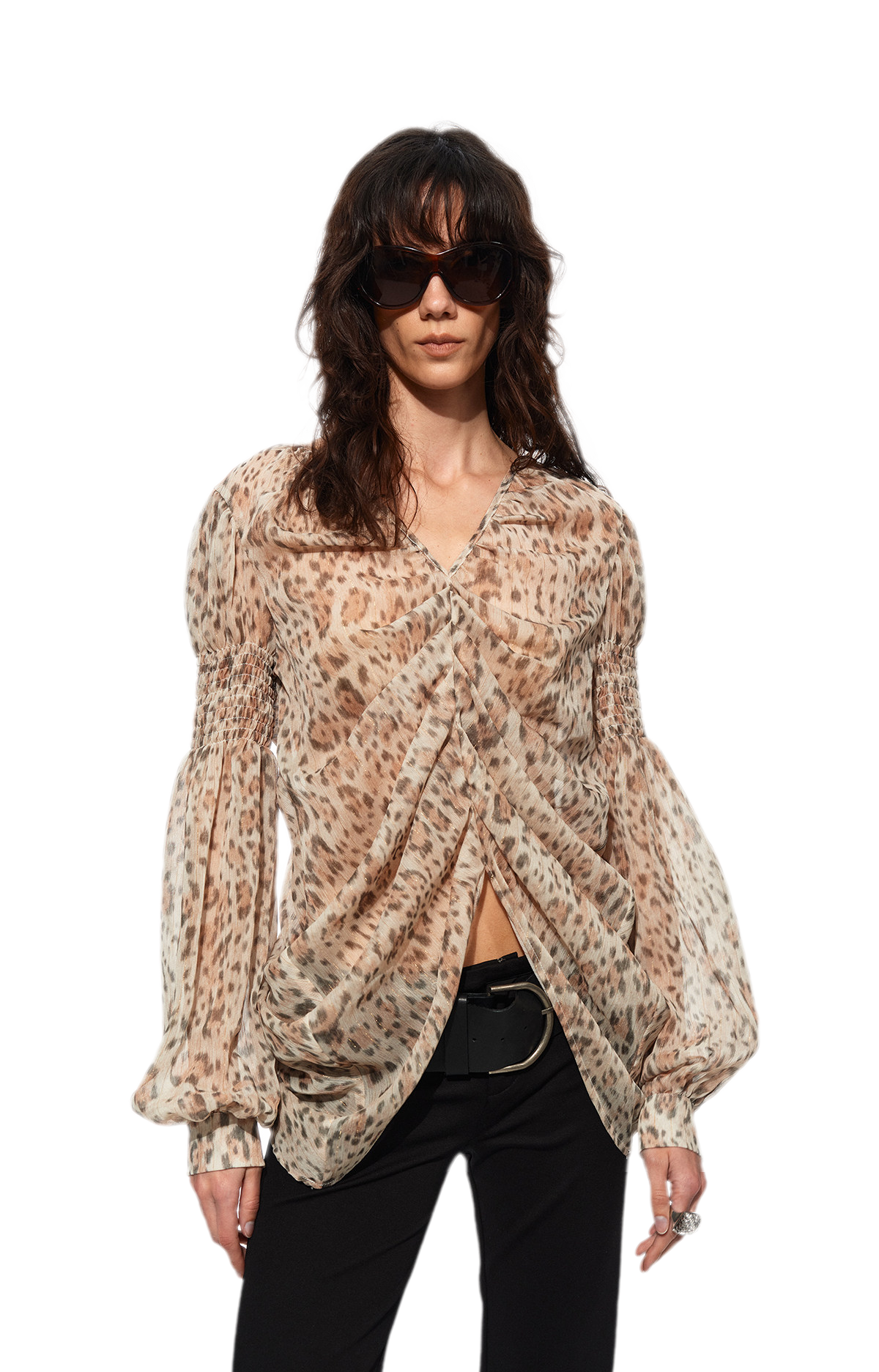 Pleated Bubble Sleeve Chiffon Blouse