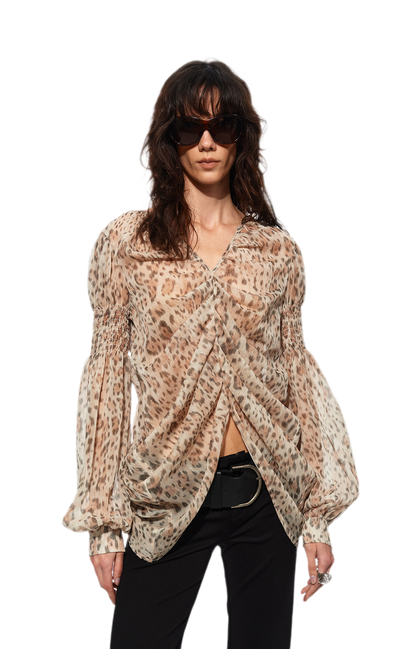 Pleated Bubble Sleeve Chiffon Blouse
