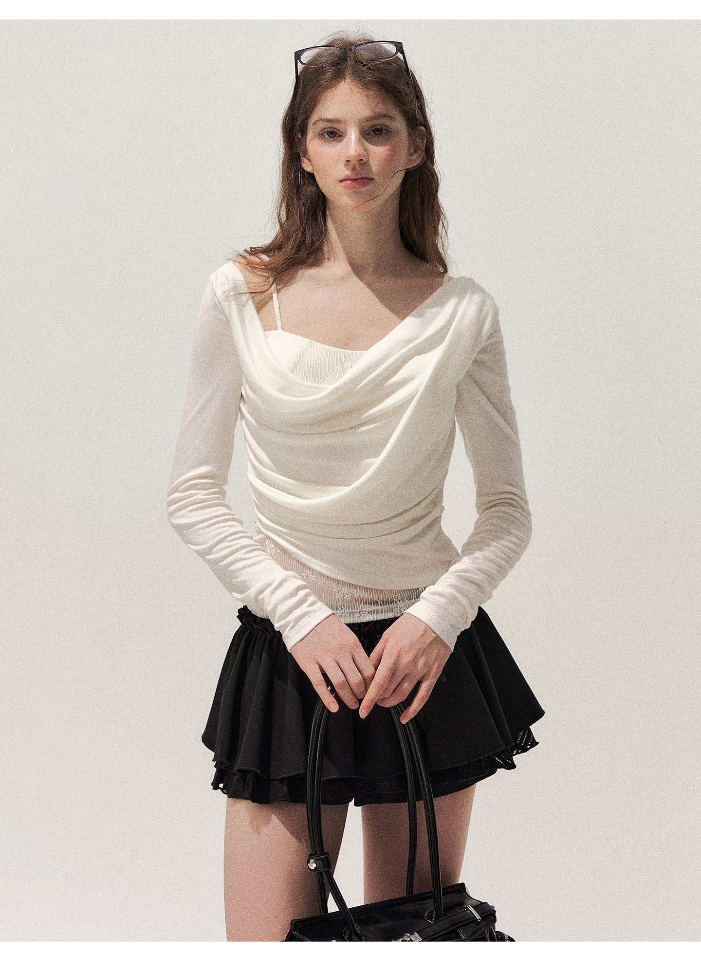 Cowl Neck Draped Long-Sleeve Tee