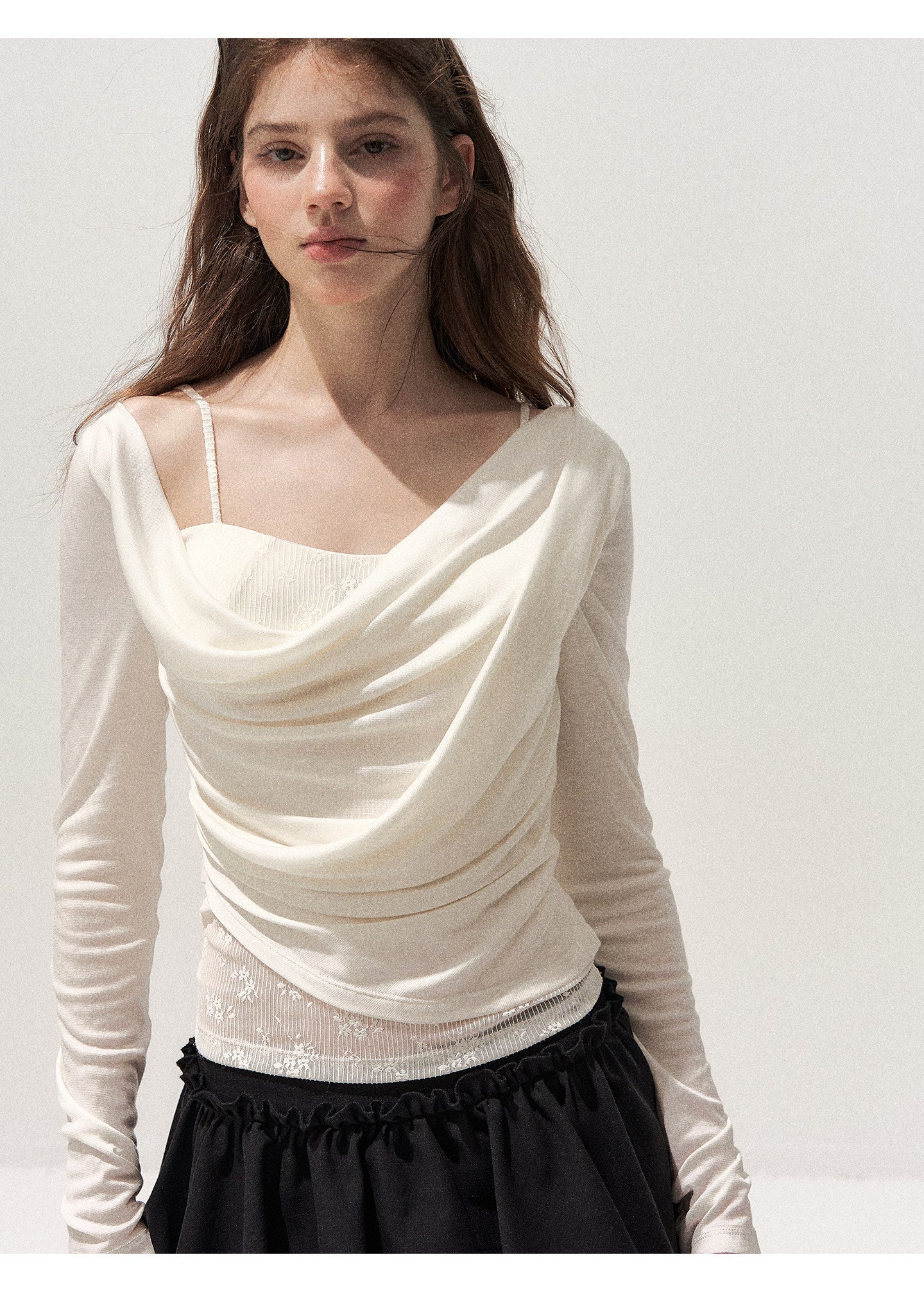 Cowl Neck Draped Long-Sleeve Tee