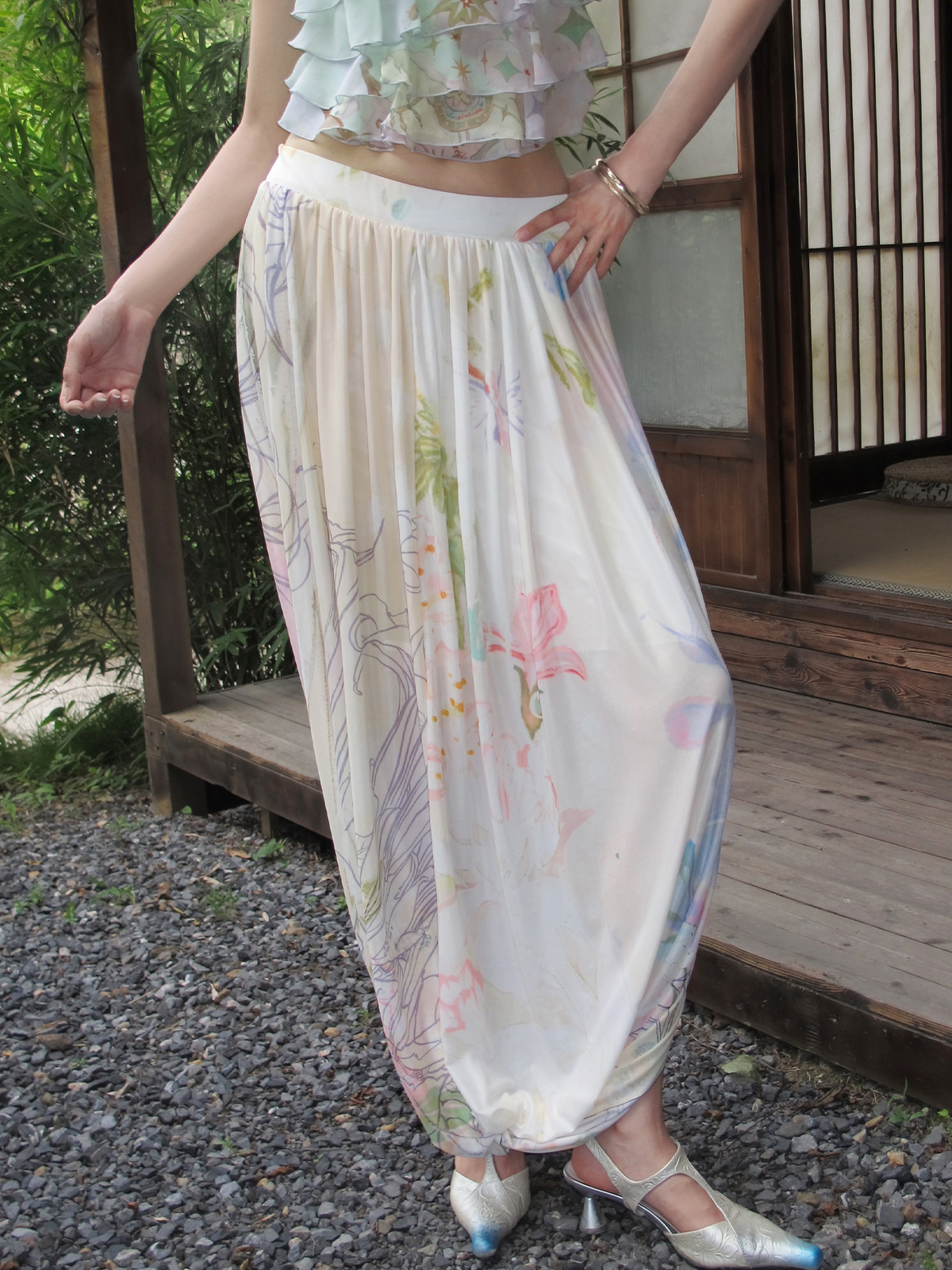 Printed Twist Mesh Long Skirt