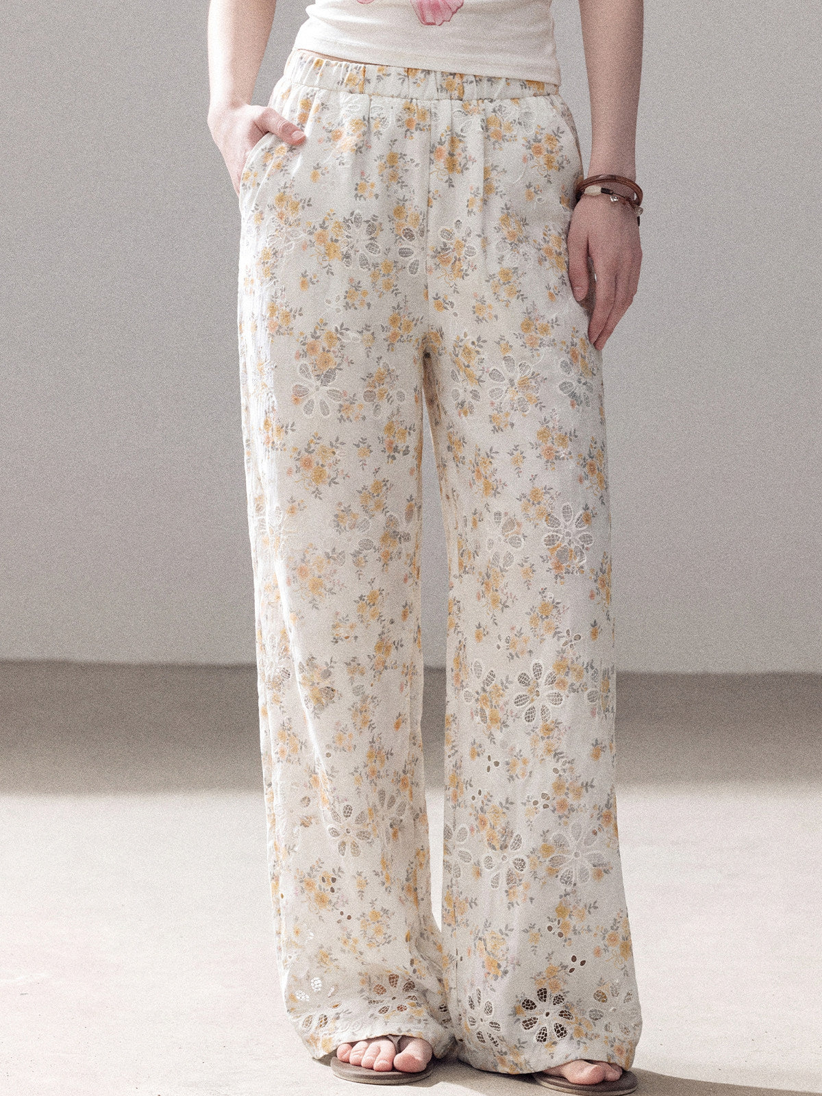 Laser-Cut Floral Wide-Leg Pants
