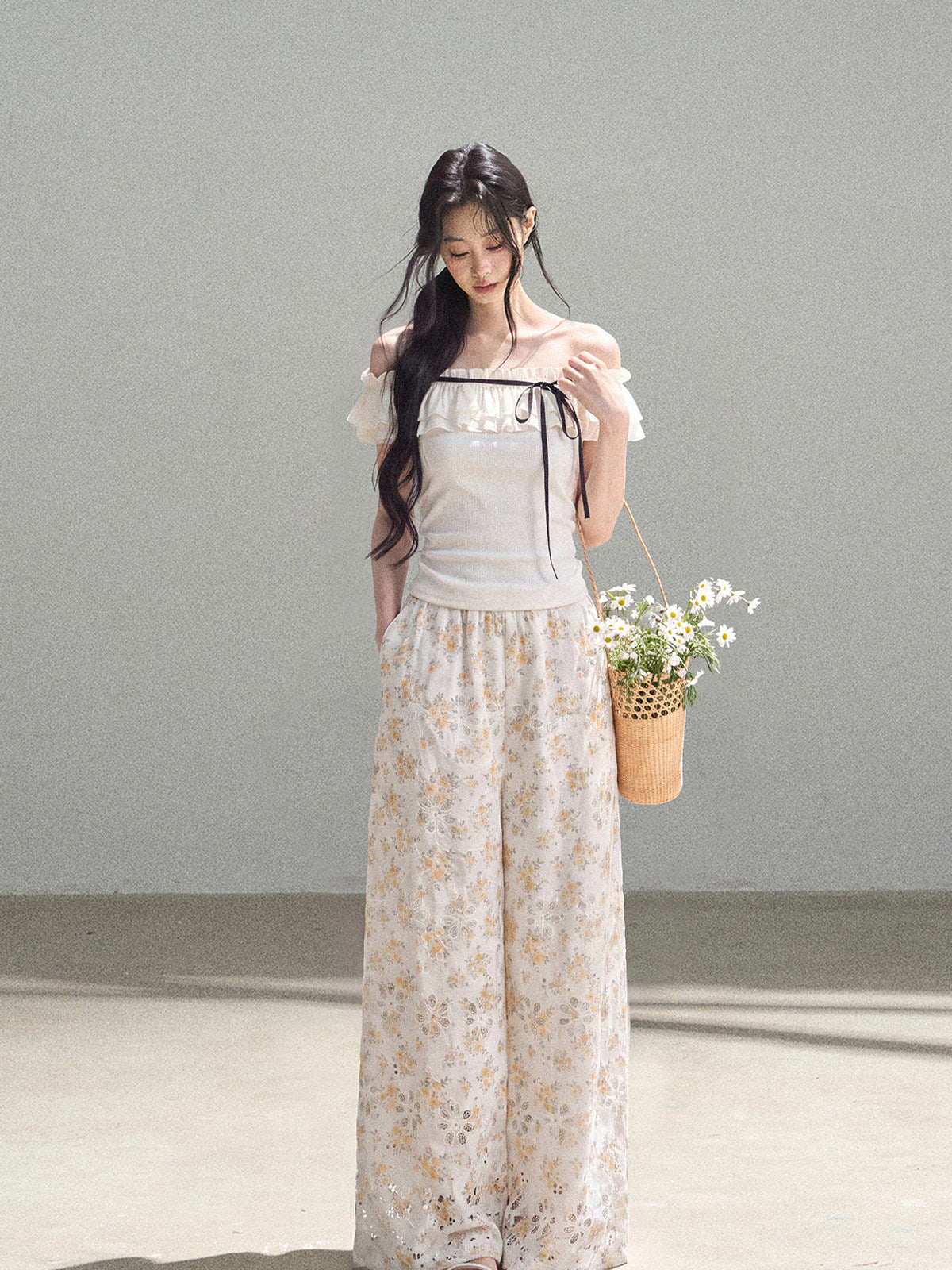 Laser-Cut Floral Wide-Leg Pants