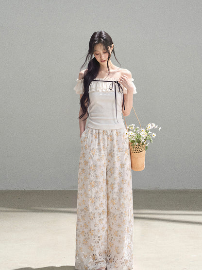 Laser-Cut Floral Wide-Leg Pants