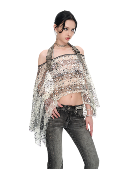 Sequin Asymmetrical Cropped Overshirt