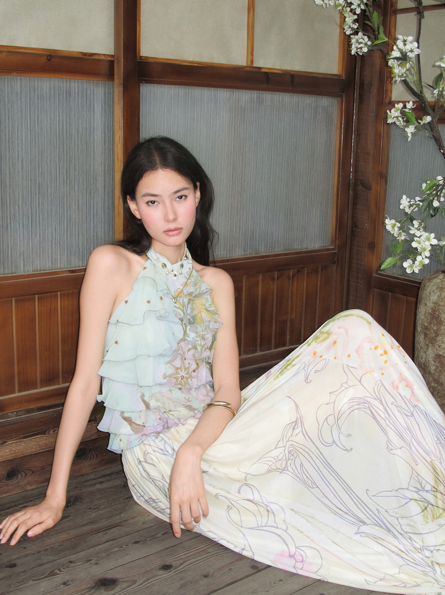Printed Twist Mesh Long Skirt